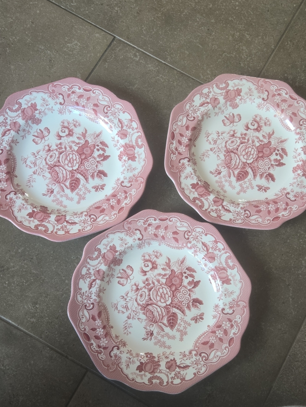 Spode Pink Rose Floral Scalloped Dinner Plates - Set of 3